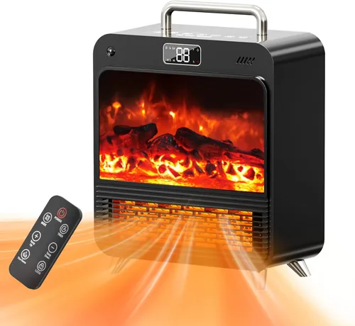 Calentador de Chimenea Eléctrico, Calentador de Espacio Eléctrico Portátil de 1500 W con Llama 3D Realista, Control Táctil y Remoto, Calentamiento