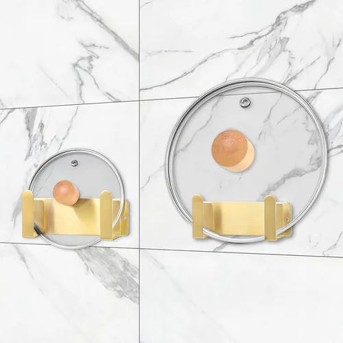 Miniatura 3 de Estante para tapa de olla, soporte organizador de tapa de sartén de acero inoxidable 304 montado en la pared, autoadhesivo, herramienta de Dorado