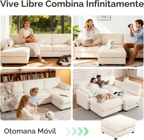 Miniatura 4 de Sofá modular de 109 pulgadas, sofá en forma de L con otomana de almacenamiento, cómodo sofá nube con asiento profundo, sofás seccionales Beige