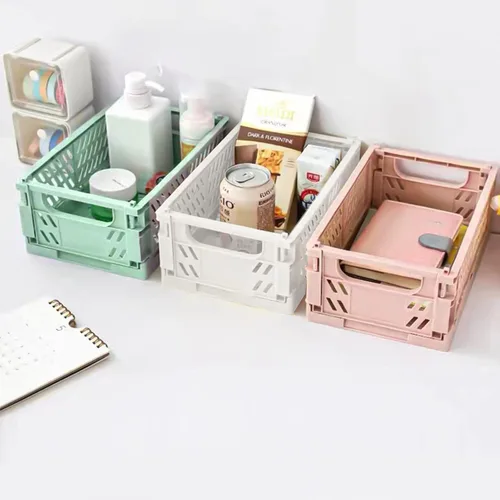 Miniatura 4 de Paquete de 3 cestas de almacenamiento de plástico grandes para organización de estantes, contenedores plegables para organizador de escritorio