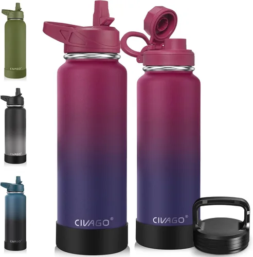 Miniatura 40 de CIVAGO Botella de agua aislada de 22 onzas con pajita, frasco de agua deportiva de acero inoxidable con 3 tapas