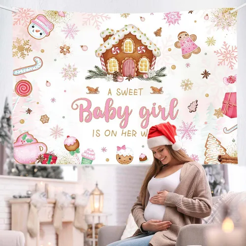 Miniatura 3 de MEHOFOND Fondo de Navidad de 7 x 5 pies para baby shower con texto en inglés "A Sweet Baby Girl is On Her Way", fondo de fotografía de copo de nieve