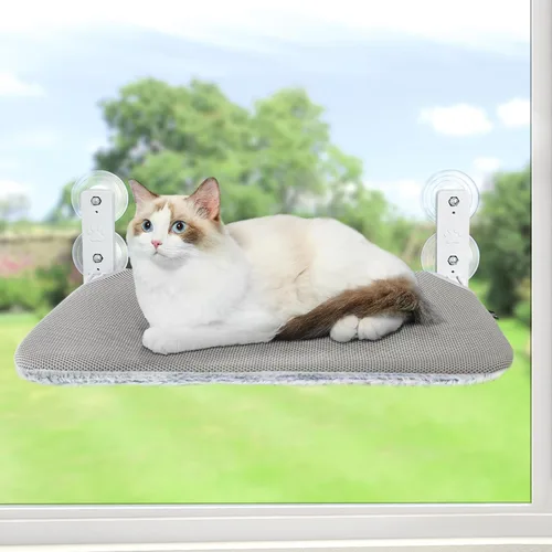 Miniatura 13 de Sunhoo Hamaca para ventana de gato, percha inalámbrica, alféizar de ventana, asiento plegable, estable, con ventosa mejorada, fácil montaje, estante