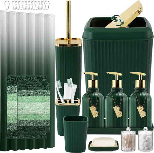 Miniatura 43 de 21PCS Bathroom Sets with Shower Curtain and Rugs Bathroom Accessories Set Beige Bathroom Set Complete with Trash Can, Toilet Brush, Qtip Holder &