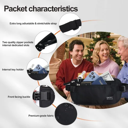 Miniatura 8 de DAITET Cinturón de dinero, soporte para pasaporte, cartera de viaje oculta segura con bloqueo RFID, riñonera encubierta (negro), Negro, Rfid