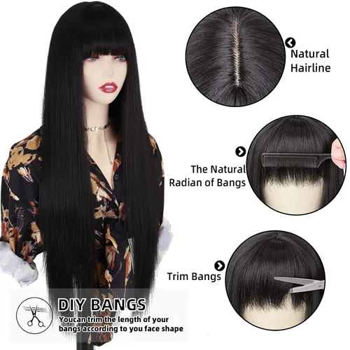 Miniatura 3 de MISSQUEEN Pelucas largas negras con flequillo, pelucas negras rectas para mujer, peluca sintética de 30 pulgadas de largo lacio con flequillo negro