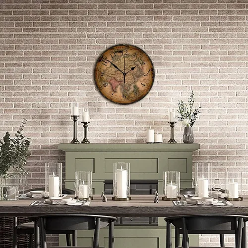 Miniatura 7 de Reloj de pared de madera de 15 pulgadas, ligero, ligero, estilo vintage, mapa del viejo mundo, reloj de madera redondo, estilo antiguo