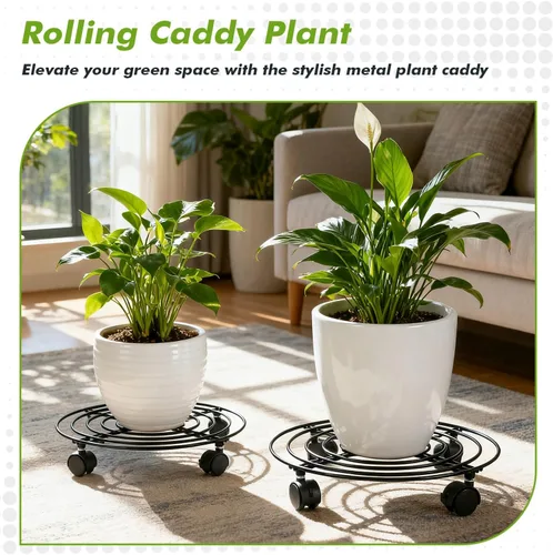 Miniatura 6 de Paquete de 5 cestas de metal para plantas de 11.8 pulgadas con ruedas, soporte de hierro forjado resistente con ruedas para uso en interiores