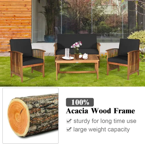 Miniatura 6 de Tangkula - Juego de 4 sofás de madera de acacia para exterior con cojines resistentes al agua, juego acolchado con mesa de centro para jardín, patio