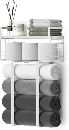 Miniatura 15 de Xstydes Toalleros para baño, toallero de metal con cesta de almacenamiento, toallero de pared para toallas enrolladas, almacenamiento de toallas