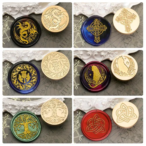 Miniatura 2 de SWANGSA Juego de Sellos de Cera Célticos en Caja de Regalo, 6 Cabezales de Sellado Vintage + 1 Mango de Madera, Kit de Sellos de Cera