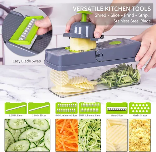 Miniatura 3 de Picadora de verduras 16 en 1 y picadora de alimentos con recipiente, cortador de cebolla, cortador de verduras con 7 cuchillas para ensalada