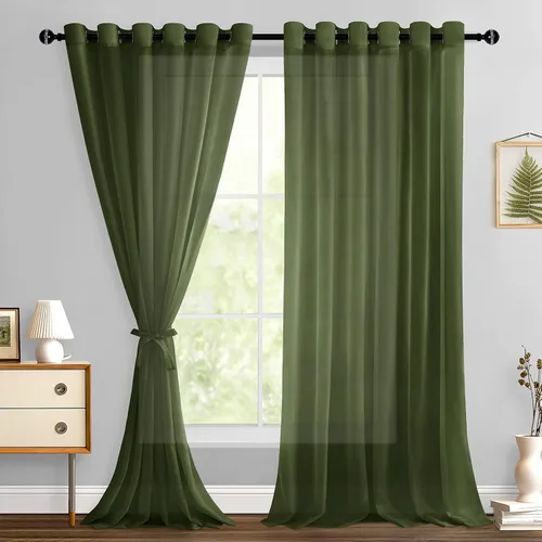Miniatura 139 de Hiasan - Cortinas traslúcidas de gasa cortas semitransparentes con ojales y alzapaños filtrantes de luz para ventana, dormitorio, baño, 2 paneles