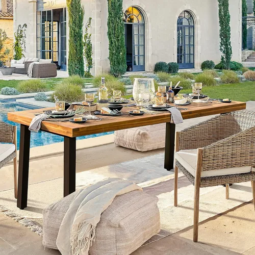 Miniatura 4 de Devoko Home Mesa de Comedor de Madera de Acacia para 6 Personas Mesa de Interior y Exterior con Patas de Hierro, Acabado Arenado, Teñido Natural