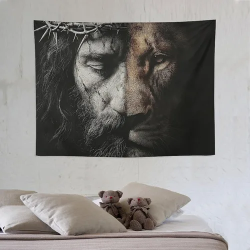 Miniatura 6 de JYOUQOC Tapiz de Jesús y el León para decoración de pared, arte de pared grande, telón de fondo para colgar para dormitorio, sala de estar