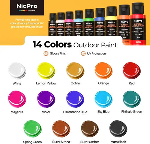 Miniatura 2 de Nicpro 14 colores pintura acrílica al aire libre a granel (120 ml, 4.06 oz) con pincel y esponja, cuchillo, pintura brillante no tóxica