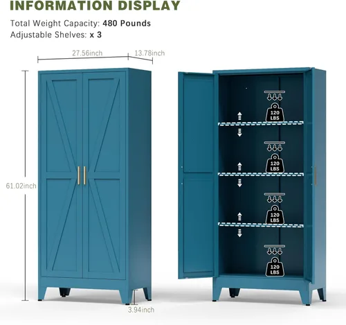 Miniatura 3 de COFaR Home Farmhouse - Armario de almacenamiento con 2 puertas de granero, armario alto de despensa de cocina con 3 estantes ajustables, para Azul