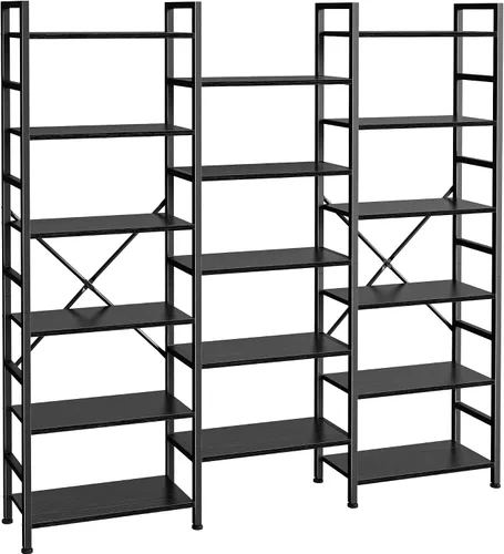 Miniatura 10 de SUPERJARE – Estantería triple de 4 niveles, estantería con 11 estantes de exhibición abiertos, estantería amplia para libros y oficina, color negro