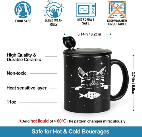 Miniatura 3 de Tazas únicas para gatos, tazas de café que cambian de color de 11 onzas – The Fish is Delicious – Taza de Halloween con tapa negra y cuchara