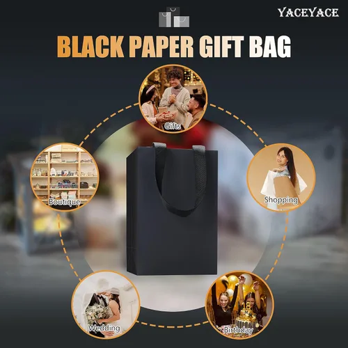 Miniatura 7 de Bolsas de regalo de papel kraft negro, 20 unidades de 5.25 x 3.75 x 8 pulgadas con asas de cinta para bodas, fiestas, cumpleaños, venta al por menor