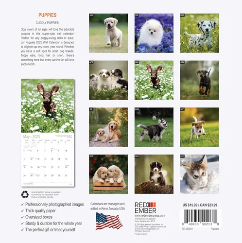 Miniatura 2 de RED EMBER Calendario de pared 2025 con diseño de cachorros de 12 meses, 12 x 24 pulgadas, abierto, papel grueso y resistente, para regalo