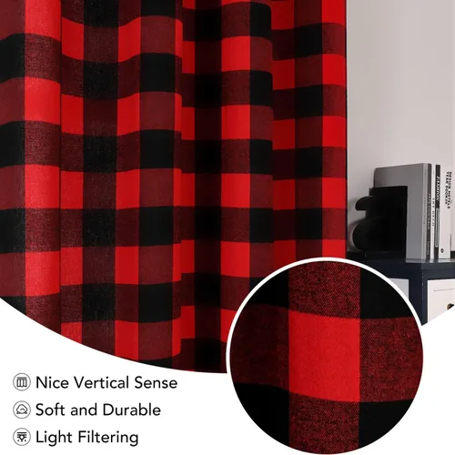 Miniatura 4 de Cortinas navideñas de búfalo rojo de 50 pulgadas, 2 paneles, cortinas de oscurecimiento con ojales rojos y negros para dormitorio, sala de estar