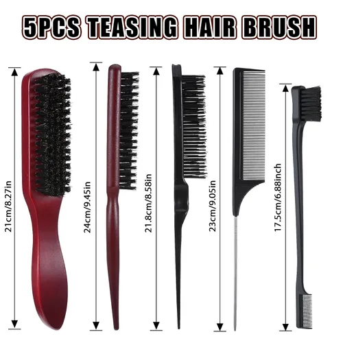 Miniatura 5 de cobee Juego de 5 cepillos de pelo con parte trasera lisa, cepillo de cerdas para control de bordes, peine de burlas, palo de cera para cabello