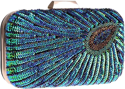 LIFEWISH Bolso de noche único con lentejuelas de lujo para mujer, para boda, novia, fiesta, graduación, bolso de mano (azul pavo real)