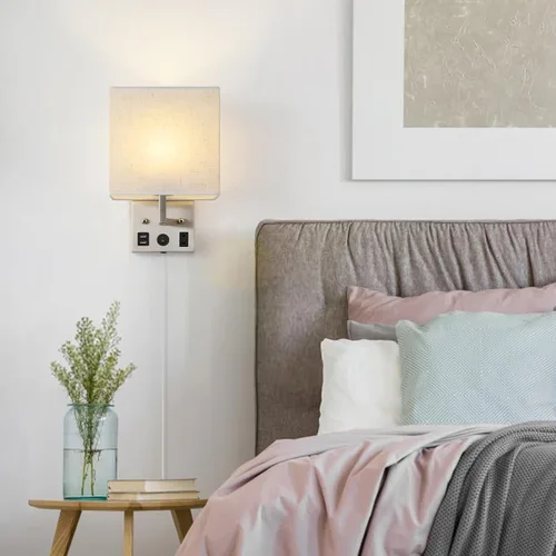 Miniatura 7 de Juego de dos apliques de pared negros, luces de pared de noche para dormitorio, aplique de pared enchufable con puertos USB y tomas, lámpara