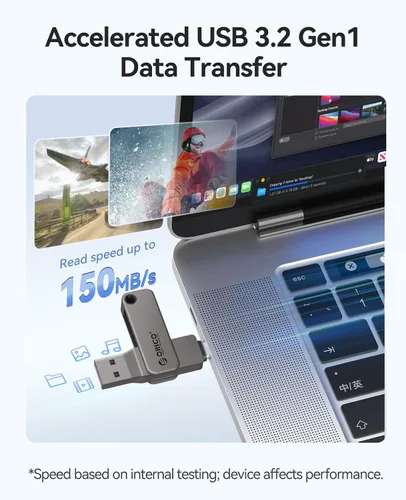 Miniatura 2 de ORICO Memoria USB 3.0 de alta velocidad USB 3.0 de 32 GB, diseño giratorio de aleación de zinc, compatible con iPhone 15/16/17, Android, Mac, PC