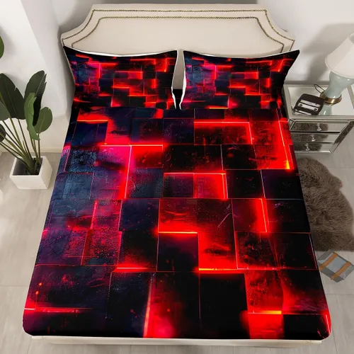 Miniatura 2 de Erosebridal Juego de sábanas de cama negro y rojo, juego de sábanas de tamaño individual abstracto moderno, sábanas a cuadros brillantes 3D, juego