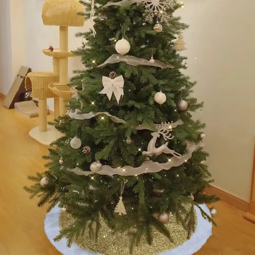Miniatura 5 de Falda de árbol de Navidad de 48 pulgadas, lentejuelas doradas brillantes y relucientes con piel sintética, alfombra de árbol de felpa para árbol