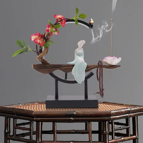 Miniatura 2 de Portaincienso de flujo inverso con luz LED y Begonia, quemador de incienso de estilo chino de cerámica para mujer, perfecto para relajarse