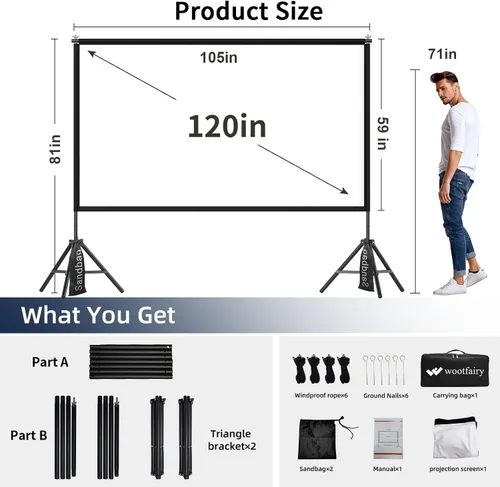 Miniatura 2 de Wootfairy Pantalla de proyector de 120 pulgadas con soporte: Pantalla de cine portátil plegable para interiores y exteriores, 16:9 4K HD, sin