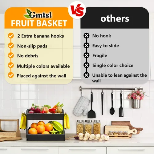 Miniatura 4 de Gmtsl Cesta de frutas de bambú para cocina, frutero de 2 niveles para encimera de cocina, soporte grande para frutas con 2 ganchos para plátanos