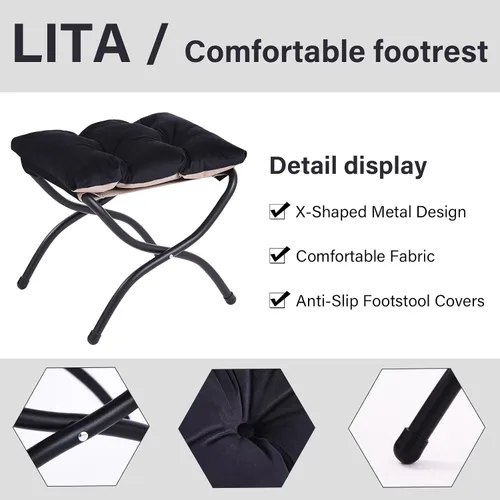 Miniatura 6 de LITA Taburete reposapiés tapizado plegable, moderno y pequeño otomano portátil con cojín de algodón grueso desmontable acolchado con marco de metal