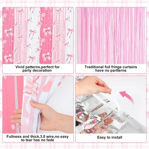 Miniatura 3 de Panelee Telón de fondo de lazo rosa de 3.3 x 6.6 pies, cortina de flecos de papel de oropel con flecos, lazos rosados, decoración de fiesta