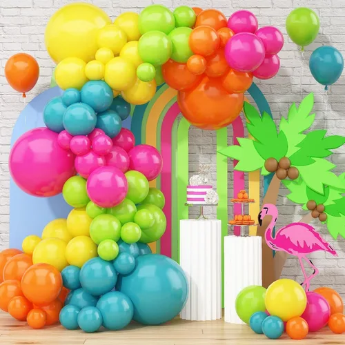 Kit de guirnalda de arco de globos tropicales de verano, 141 globos de látex de color rosado intenso, verde lima, naranja, azul pizarra y amarillo,