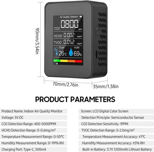 Miniatura 7 de LANRU Monitor portátil de calidad del aire Detector de CO2 para interiores, 5 en 1, formaldehído HCHO TVOC, probador LCD de temperatura y humedad