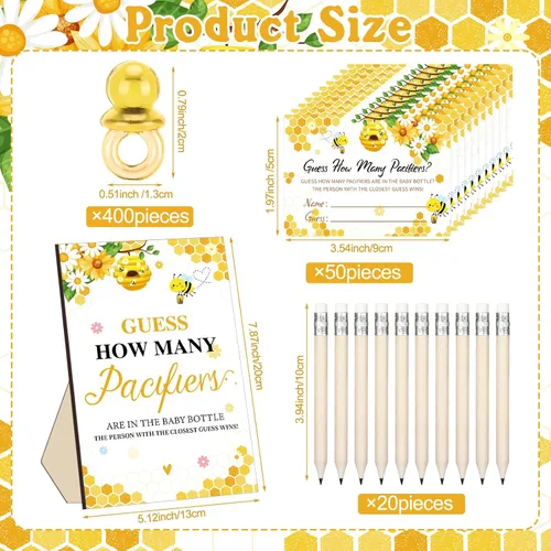 Miniatura 3 de Syhood 472 piezas de juegos de baby shower de abejas Adivina cuántos chupetes signo de juego 50 pequeños juegos de adivinanzas 20 lápices HB botella