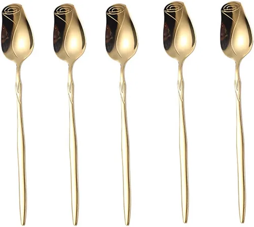 Miniatura 10 de Juego de cucharas de acero inoxidable, paquete de 5, cucharas de flores de rosas y postre, lindo (colorido)
