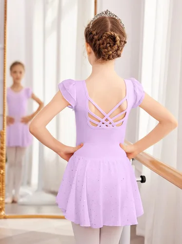 Miniatura 3 de Arshiner Leotardo de ballet brillante con mangas con volantes y falda con espalda cruzada para niñas