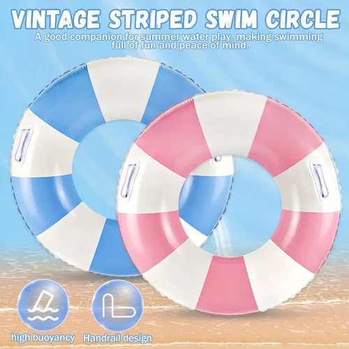 Miniatura 4 de Flotadores clásicos de piscina a rayas con asa, tubos inflables de rayas azules y blancas para anillos de natación grandes flotantes para adultos