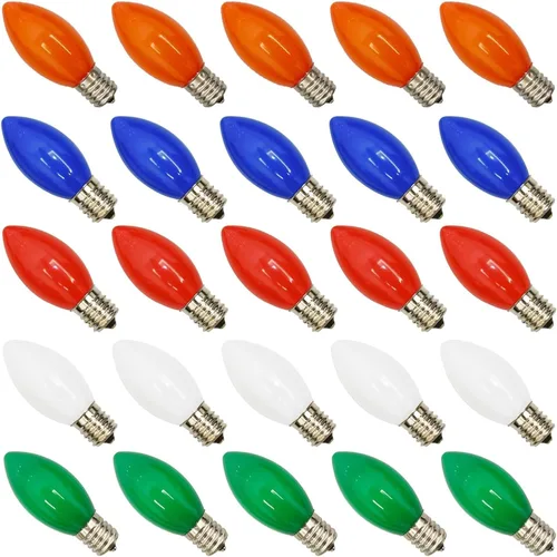 Miniatura 11 de Paquete de 25 bombillas LED transparentes C7, bombillas de repuesto de Navidad con base de candelabro E12, bombillas blancas cálidas inastillables