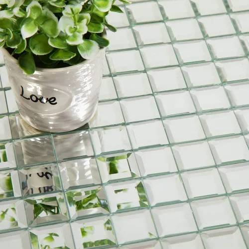 Miniatura 5 de Mosaico de cristal de espejo, 5 caras cuadradas biseladas de cristal plateado espejo de 12 x 12 pulgadas sin costuras para cocina y baño, 5 hojas