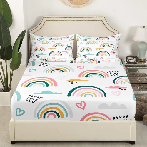 Miniatura 2 de Feelyou Juego de sábanas con diseño de arcoíris a rayas coloridas, multicolor, sábana bajera ajustable estilo de dibujos animados para niños