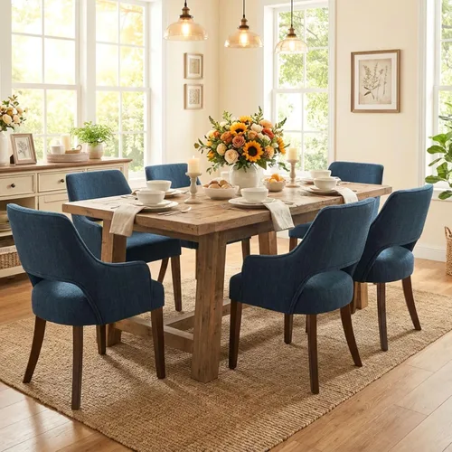 Miniatura 8 de Juego de 6 sillas de comedor de lino tapizadas, sillas de cocina de estilo granja con brazos, sillas decorativas, sillas laterales con patas