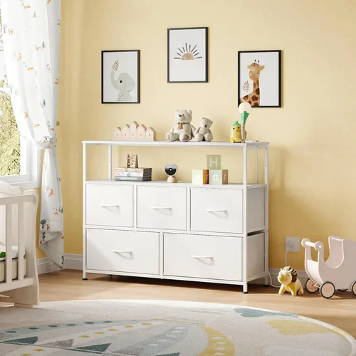 Miniatura 2 de WLIVE Cómoda blanca para dormitorio, cómoda de 5 cajones con estación de carga, cómoda de tela con estantes abiertos, cómoda de almacenamiento