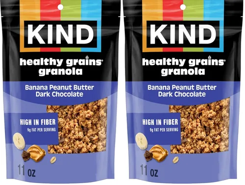 KIND HEALTHY GRAINS Granola Tamaño familiar, aperitivo saludable, mantequilla de maní de plátano con trozos de chocolate amargo, racimos de granola,