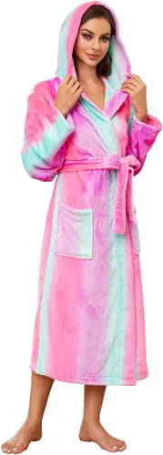 Miniatura 79 de HEARTNICE Bata de forro polar con capucha para mujer, bata de baño suave para mujer, bonito abrigo largo para casa